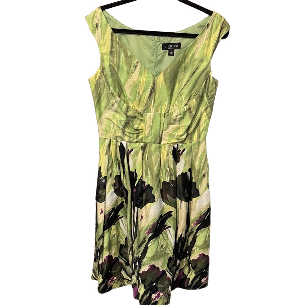 Perceptions Green and Black Sleeveless V-Neck Floral Midi Dress with Pockets NWT
